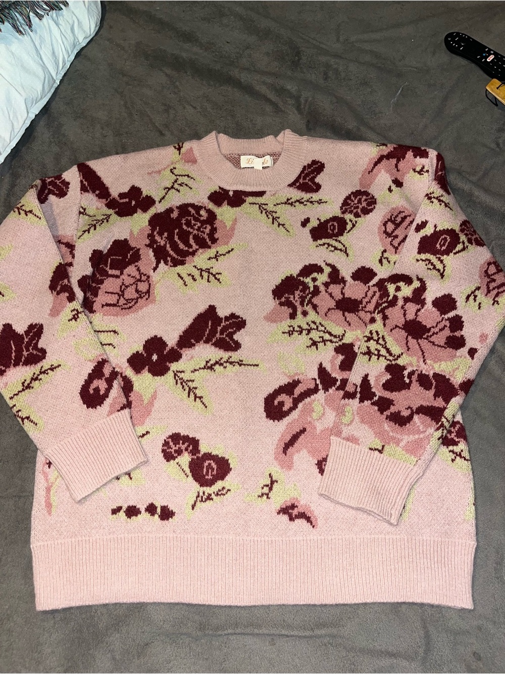 Listicle Pink Floral Crewneck Sweater with Burgundy and Green Accents